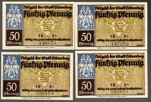 Notausgabe der Stadt Schneeberg/Langgasse 1921, 4 Scheine je 50 Pfg