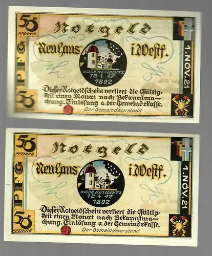 Notausgabe der Stadt Neuhaus/Westfalen, 1921, 2 Scheine Pferd und Pickelhaube