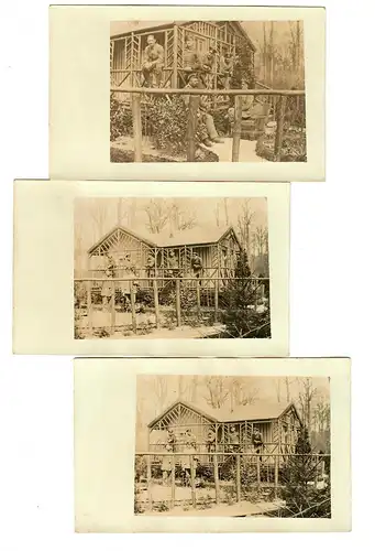 3x Photo de la carte postale: soldats devant la maison en bois