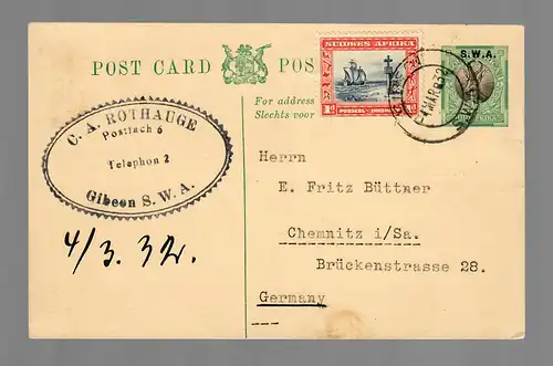Post card Gibeen to Chemnitz/Germany 1932
