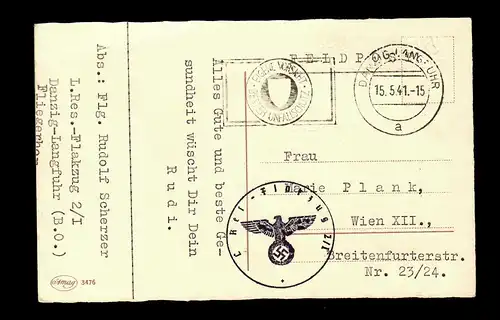 Feldpost Gdansk-Langfach 15.5.1941, Flakzug à Vienne