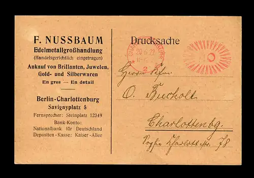 Postkarte Berlin Charlottenburg, Edelmetall/Gold/Silber/Juwelen 1922 