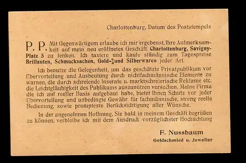 Postkarte Berlin Charlottenburg, Edelmetall/Gold/Silber/Juwelen 1922 