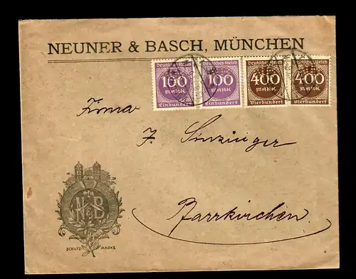 München Neuner & Basch, Marken mit PERFIN, NB nach Pfarrkirchen 1923