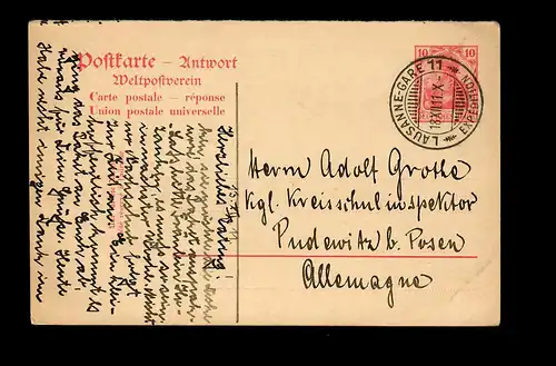 Antwort-Ganzsache Lausanne-Gare 1911 nach Pudewitz/Posen