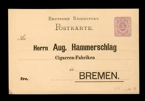 Zigarren Fabrik, Antwort-Werbekarte nach Bremen