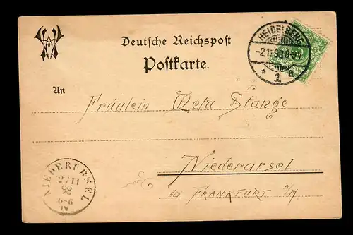 Carte de vision Heidelberg vers Niederursel en 1898