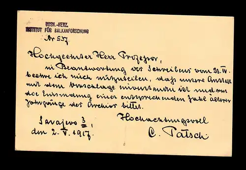 Ganzsache Institut für Balkanforschung Sarajevo 1917 nach Halle