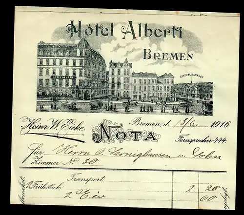 Hotel Alberti Rechnung Bremen 1916