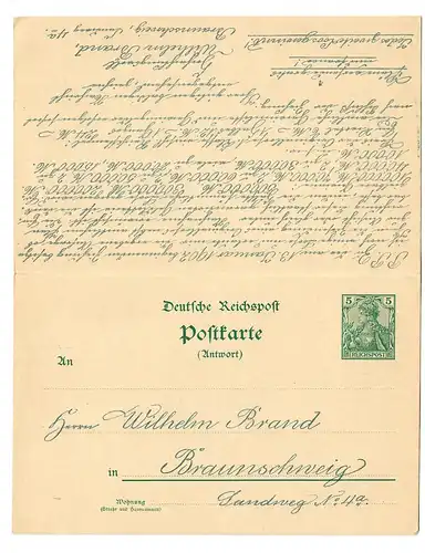Affaire complète avec carte de réponse Braunschweig-Augsburg 1902, texte: loterie
