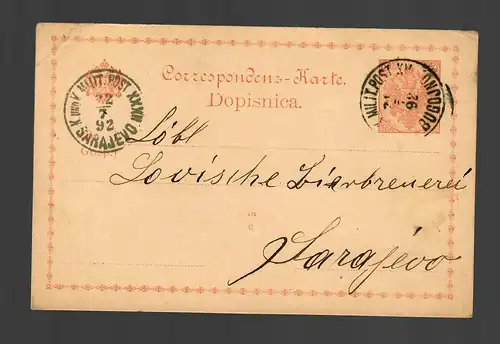 Post card militaire Post Bugojno 1892 to Sarajevo, brasserie de bière lovienne