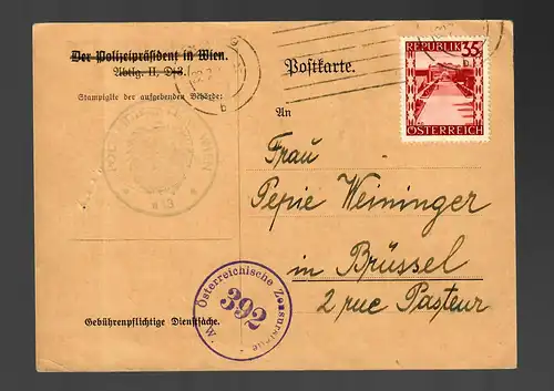 Carte postale de la direction de police de Vienne à Bruxelles, censure 1946, EF no 755