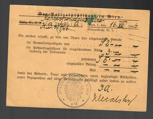 Postkarte Polizeidirektion Wien nach Brüssel, Zensur  1946, EF MiNr. 755