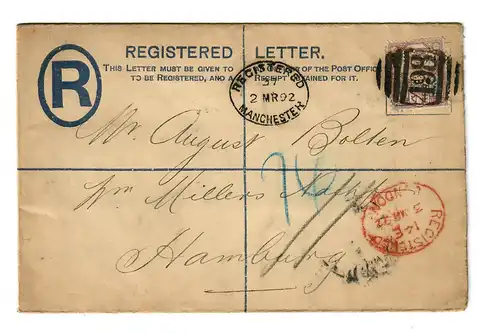 Registered letter Manchester 1892 to Hambourg via Londres, Stamp PERFIN