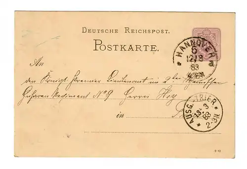 Hanovre 1883, entier après Trèves.