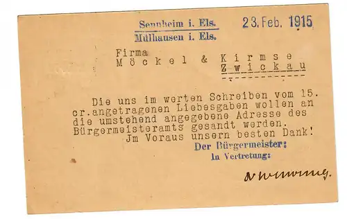 Postkarte Heeressache 1915 Bürgermeisteramt Sennheim i.E. /Mühlhausen i.Elsass