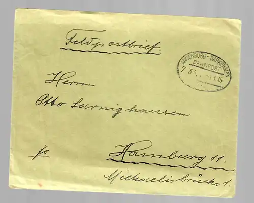 Feldpostbrief mit Bahnpoststempel Angerburg-Darkehmen 1915 nach Hamburg