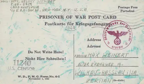 1944: PoW - Post card New York to Wilkau-Hasslau, US-Censor, OKW cessor