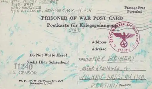 1944: PoW - Post card New York to Wilkau-Hasslau, US-Censor, OKW cessor