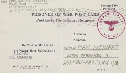 1944: PoW - Post card New York to Wilkau-Hasslau, US-Censor, OKW cessor