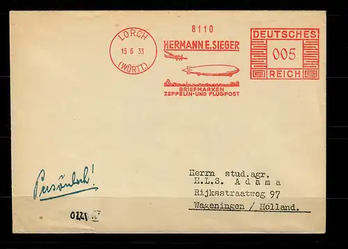 DR: 1933, Freistempel der Fa. Sieger mit Zeppelin und Flugzeug nach Holland