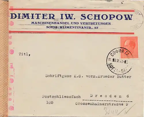 Bulgarie 1943: Lettre de Sofia à Dresde - censure