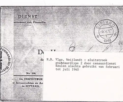 1940: Dienst Department van Financien Sittard /OKW Censuration