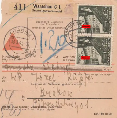 GG Inlandspaketkarte NN Warschau-Krakau, seltenes Formular, Briefträger Stempel