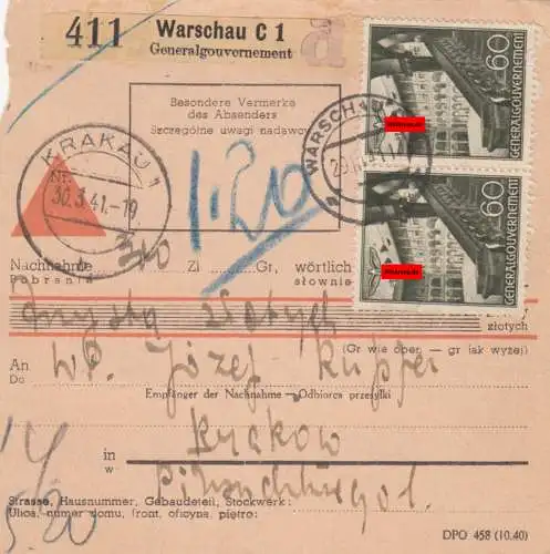 GG Inlandspaketkarte NN Warschau-Krakau, seltenes Formular, Briefträger Stempel