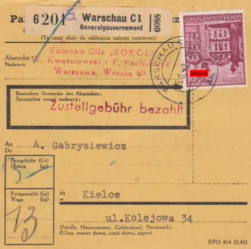 GG: Inlandspaketkarte Warschau-Kielce, sehr seltene 1 Zloty MeF