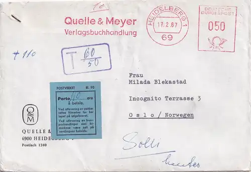 1967: Quelle&Meyer Verlag Heidelbergnach Oslo, Nachporto rückseitig frankiert
