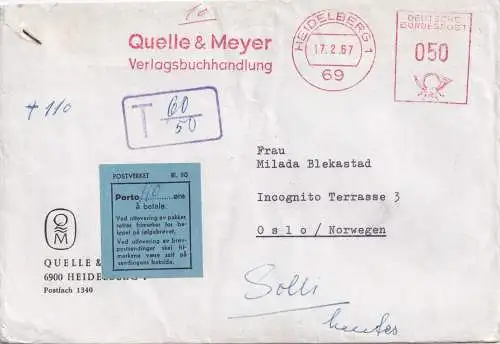 1967: Quelle&Meyer Verlag Heidelbergnach Oslo, Nachporto rückseitig frankiert