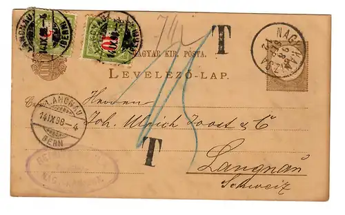 Hongrie: Nagya Kaniszka 1898 to Langnan/Suisse, Taxe