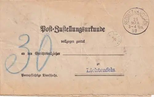 Zustellurkunde Redwitz a.d. Rodach 1928, Porto Kontroll-Stempel, Lichtenfels