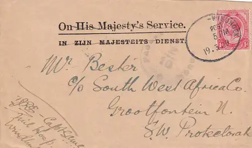 Post card 1919, train-cancel used, Windoek to Grootfontein