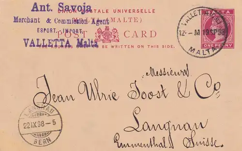 Post card Valletta/Malta to Langnan/Emmental/Swiss 1898