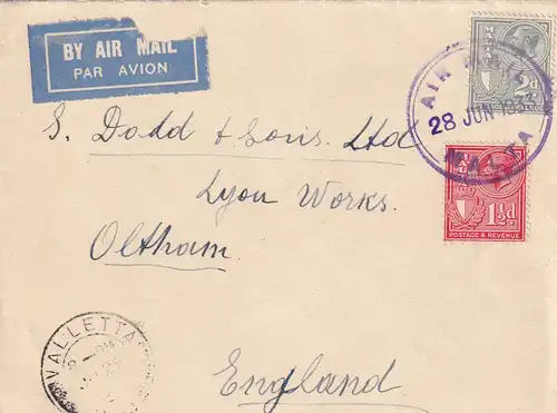 air mail Malta 1933 / Valletta to Oltham /England