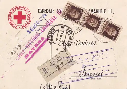 1942: hospital post card, registered Matera to Irsina, red cross