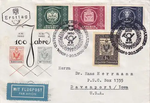 FDC Flugpost 1950 von Wien nach Davenport/Iowa