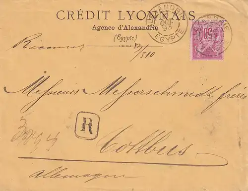 Égypte: Alexandrie - français ouverture 1893 to Cottbus/Germany, registered