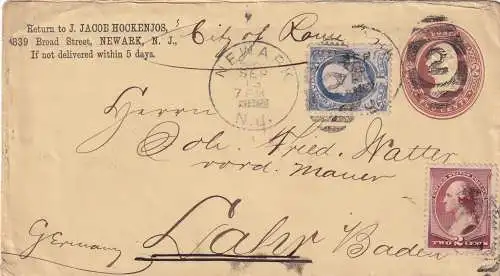 cover Newark N.J, 1887 to Lahr in Germany