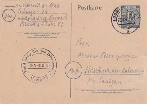 Postkarte PoW Ludwigsburg-Ossweil Interniertenlager to Hasskirch/Aulendorf 1947