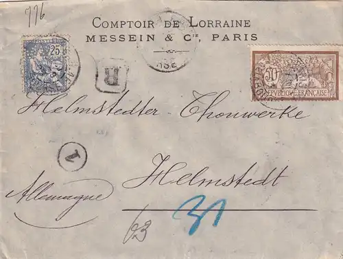 1903 bank cover Messein Paris to Helmstedt, Perfin MW&