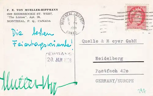 Postkarte Buchausstellung Canada, University Library Montreal 1958 to Heidelberg