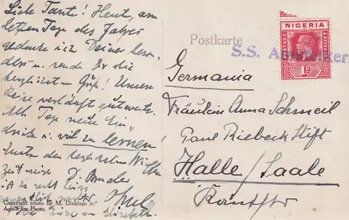 Carte postale de l'Afrique occidentale, courrier maritime S.S. Amstelkerk (1920-1953), vers Halle