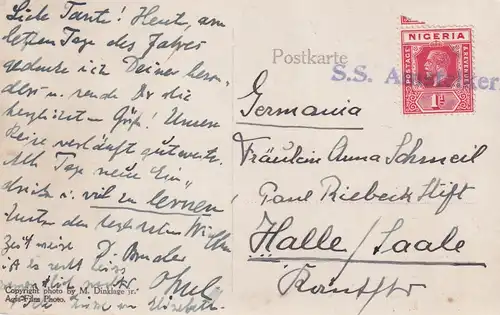 Postkarte West Afrika, Schiffspost S.S. Amstelkerk (1920-1953), nach Halle