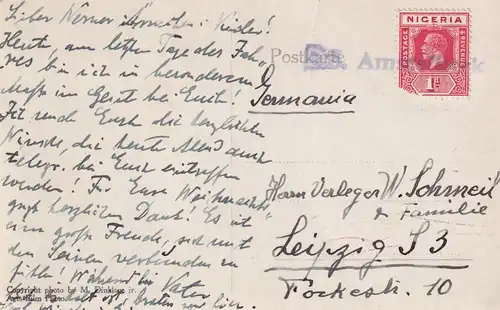 Carte postale de l'Afrique occidentale, courrier maritime S.S. Amstelkerk (1920-1953), vers Leipzig