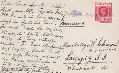 Postkarte West Afrika, Schiffspost S.S. Amstelkerk (1920-1953), nach Leipzig
