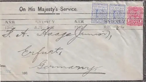 NSW: 1910 Sydney PERFIN to Erfurt