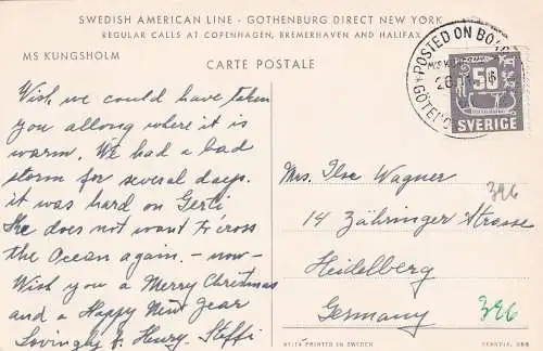 Post Card Swedish American Line: Gothenburg-New-York 1956 to Heidelberg